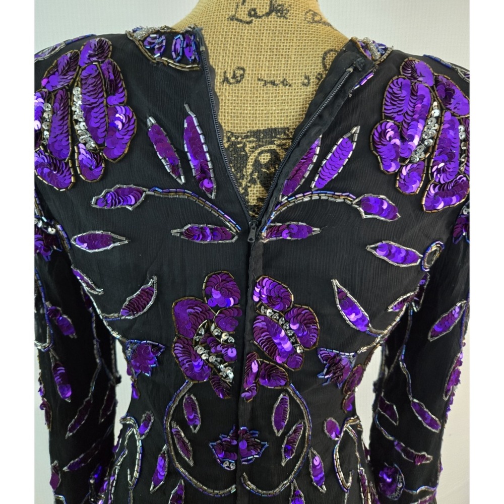 women's 100% Silk Purple Floral Festival live house sequin blouse Top size PS - Picture 4 of 7